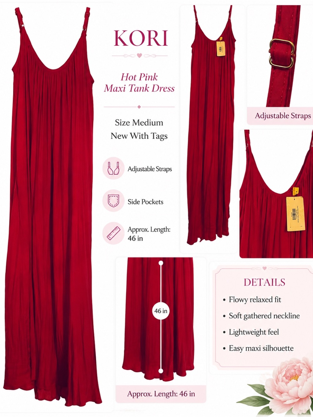 KORI Hot Pink Flowing Maxi Tank Dress with Adjustable Straps and Pockets